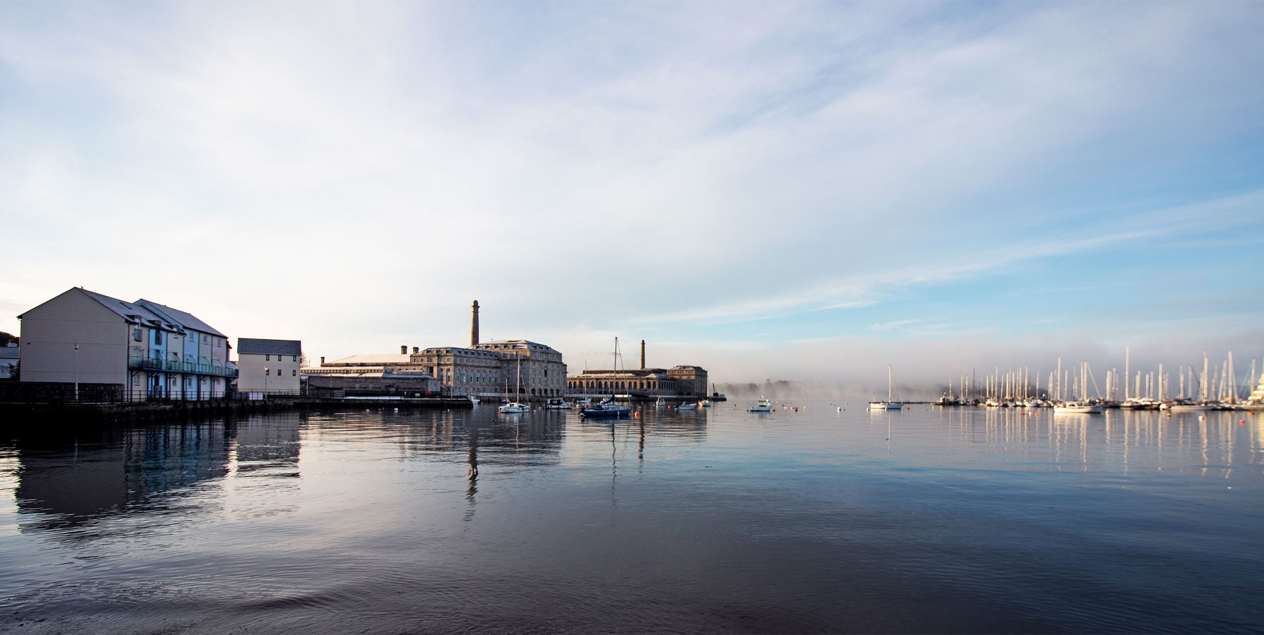 Hamoaze_waterway_in_Plymouth_with_calm_water_and_boats_by_Royal_William_Yard